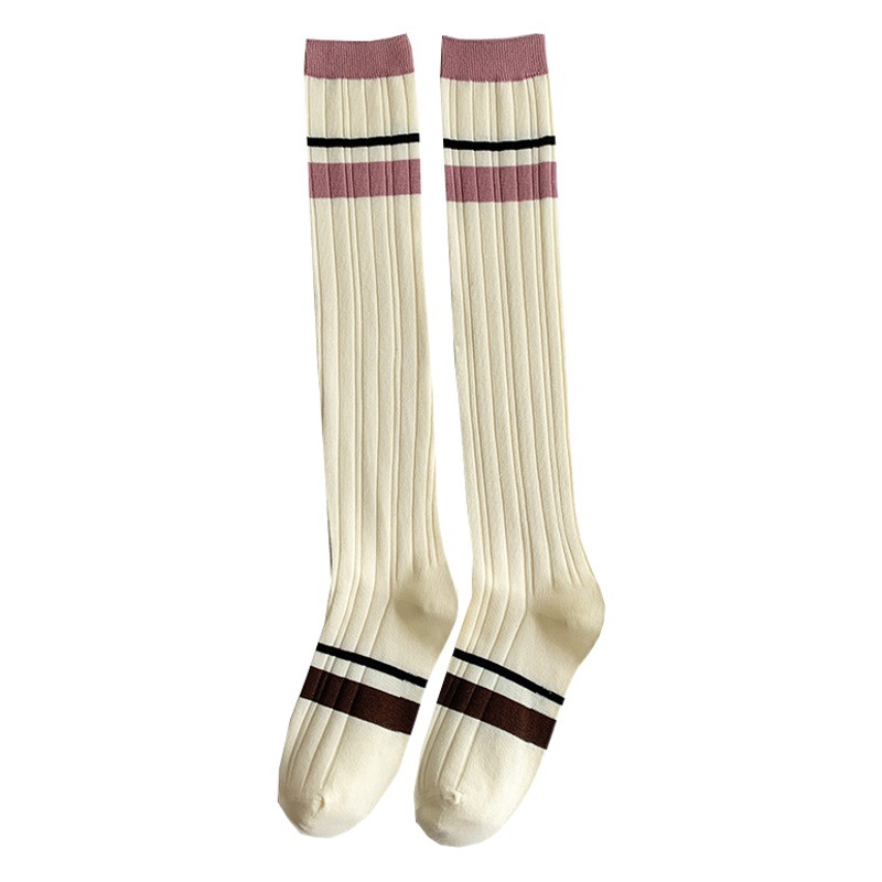 Pink calf-length socks for women Spring and Autumn fashionable all-match striped stitching knee-length socks for women Japanese style simple white jk stockings