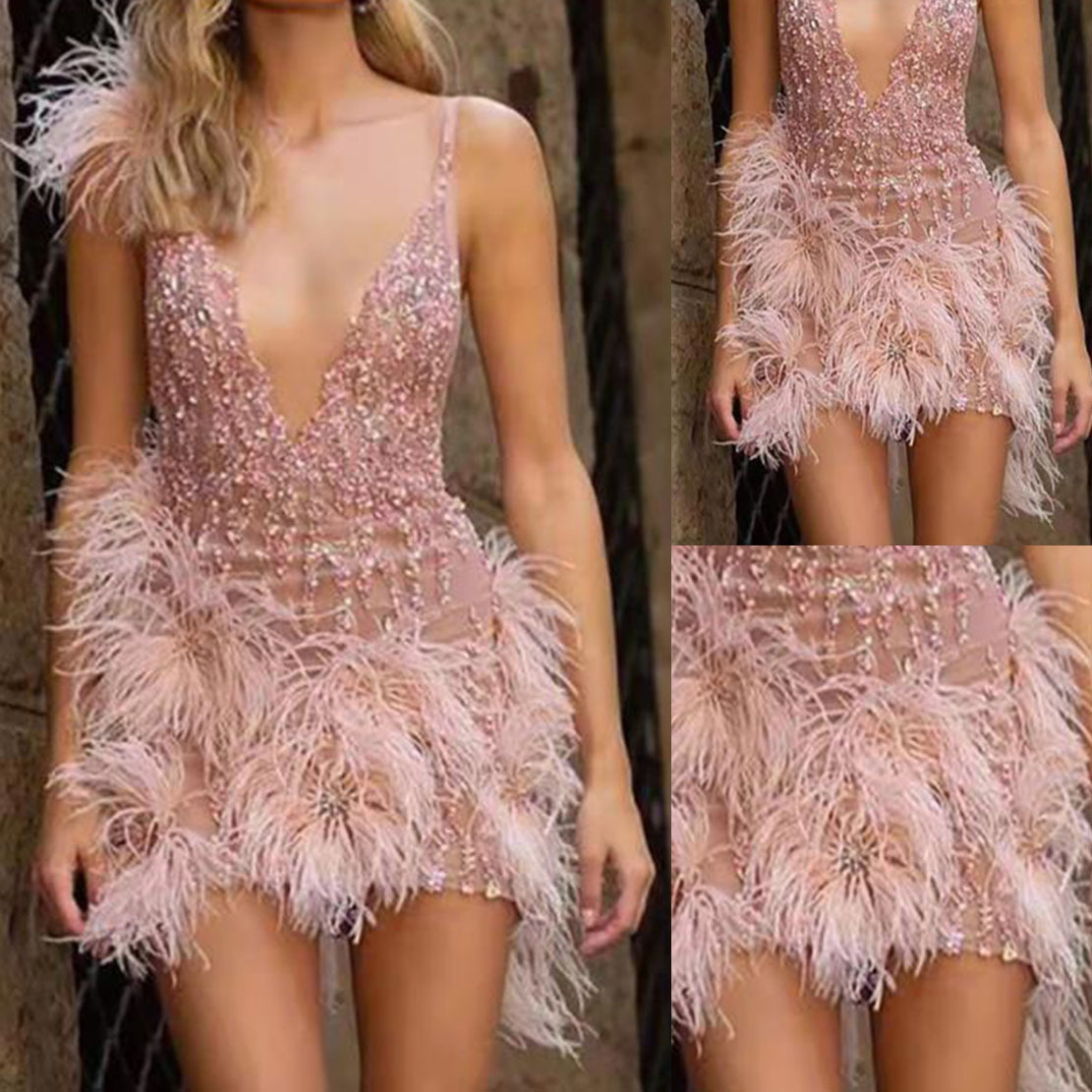 Picture of 2025 European and American Clothing Wish Export Supply Feather Suspender Skirt Deep V Neck Sexy Nightclub Party Dress