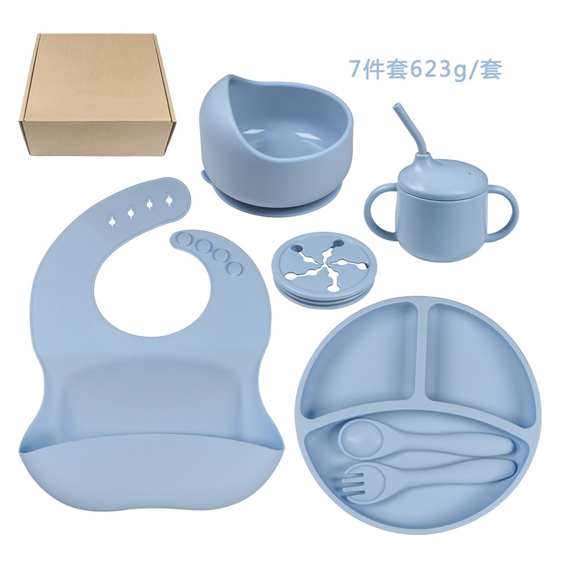 Picture of Cross-border Hot Selling Children's Supplementary Silicone Dinner Plate Bowl Fork Spoon Bib Five Pieces Tableware suit Drop Resistant Dinner Plate suit