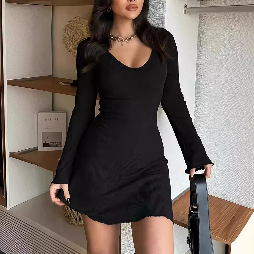 European and American Style Cross-border Women's Clothing 2024 Summer New Pure Color Rib Fashion Long-sleeved Waist Dress