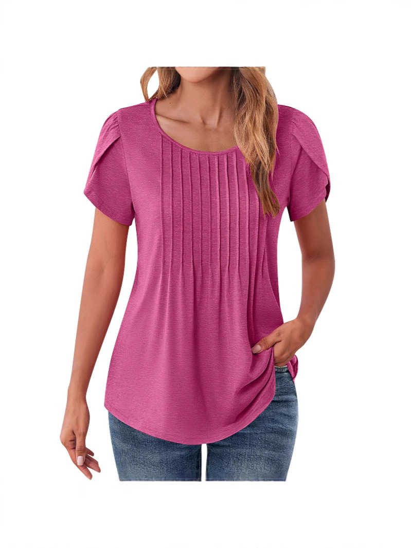2025 Spring and Summer New Amazon European and American Pleated Round Neck Short-Sleeved T-Shirt Women's Tops Cross-Border Export Women