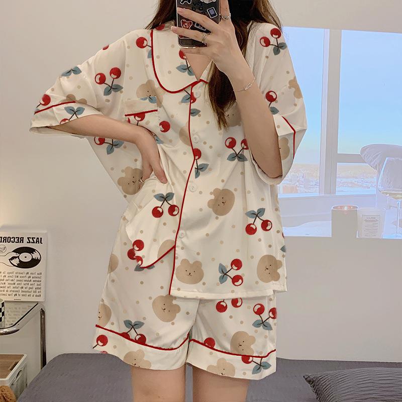 Japanese and Korean Style Summer New Style Pajamas Women's Short-sleeved Shorts Cherry Bear Sweet Cute Girly Style Home Clothes suit