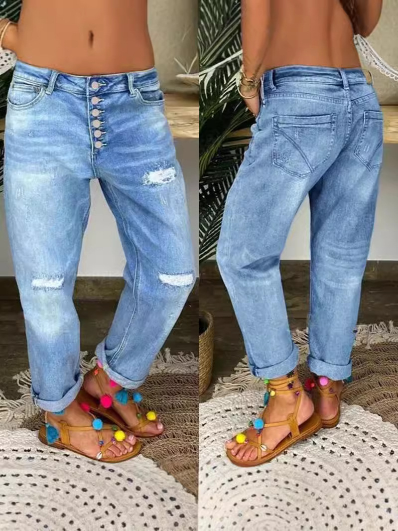 2024 New Cross-border Foreign Trade European and American Fashion Women's Straight Button Stitching Ripped Jeans Women