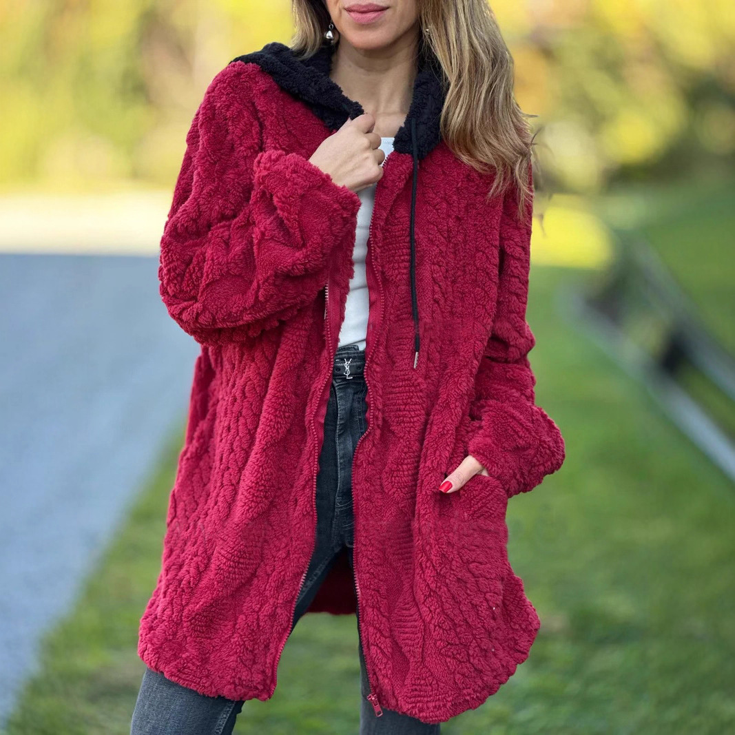 2025 Amazon Europe and the United States cross-border autumn and winter new women's casual hooded solid color wool zipper long sleeve jacket for women