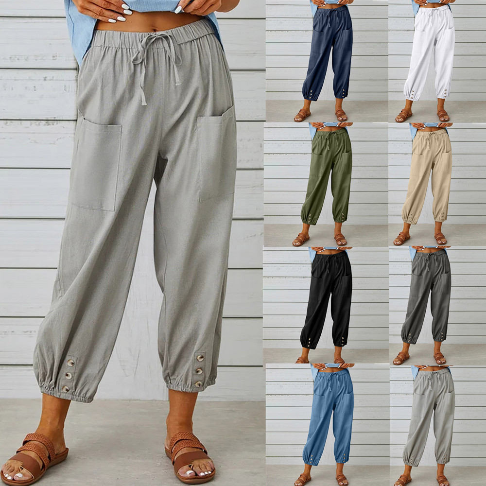2023 New European and American Cross-border Amazon wish Loose High Waist Button Cotton and Hemp Pants Cropped Pants Wide Leg Women's Pants