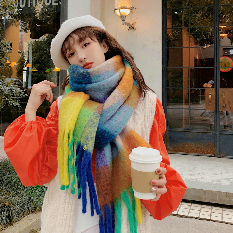 Knock on the beauty drop ~ a big love thick braid rainbow checkered color matching scarf winter cashmere plaid tassel shawl