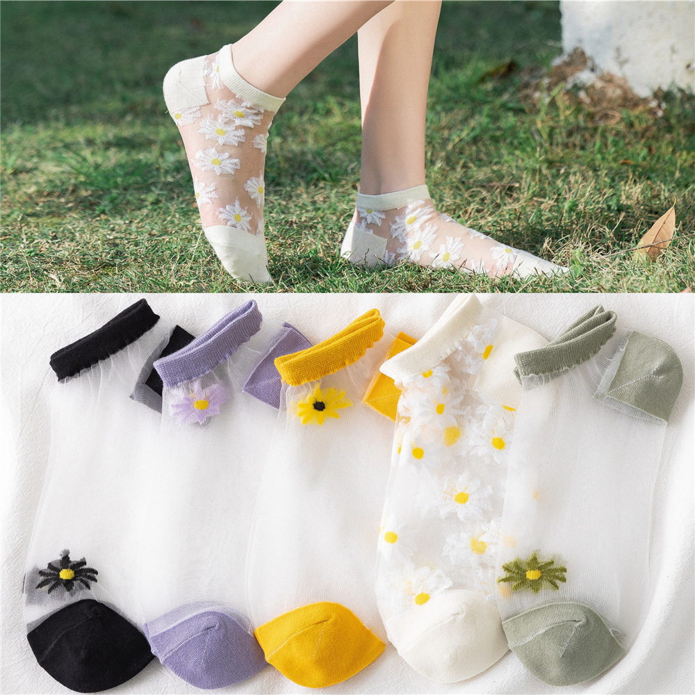 [5 pairs] spring, summer and autumn lace cotton bottom bag breathable cotton solid color ultra-thin summer women's silk socks
