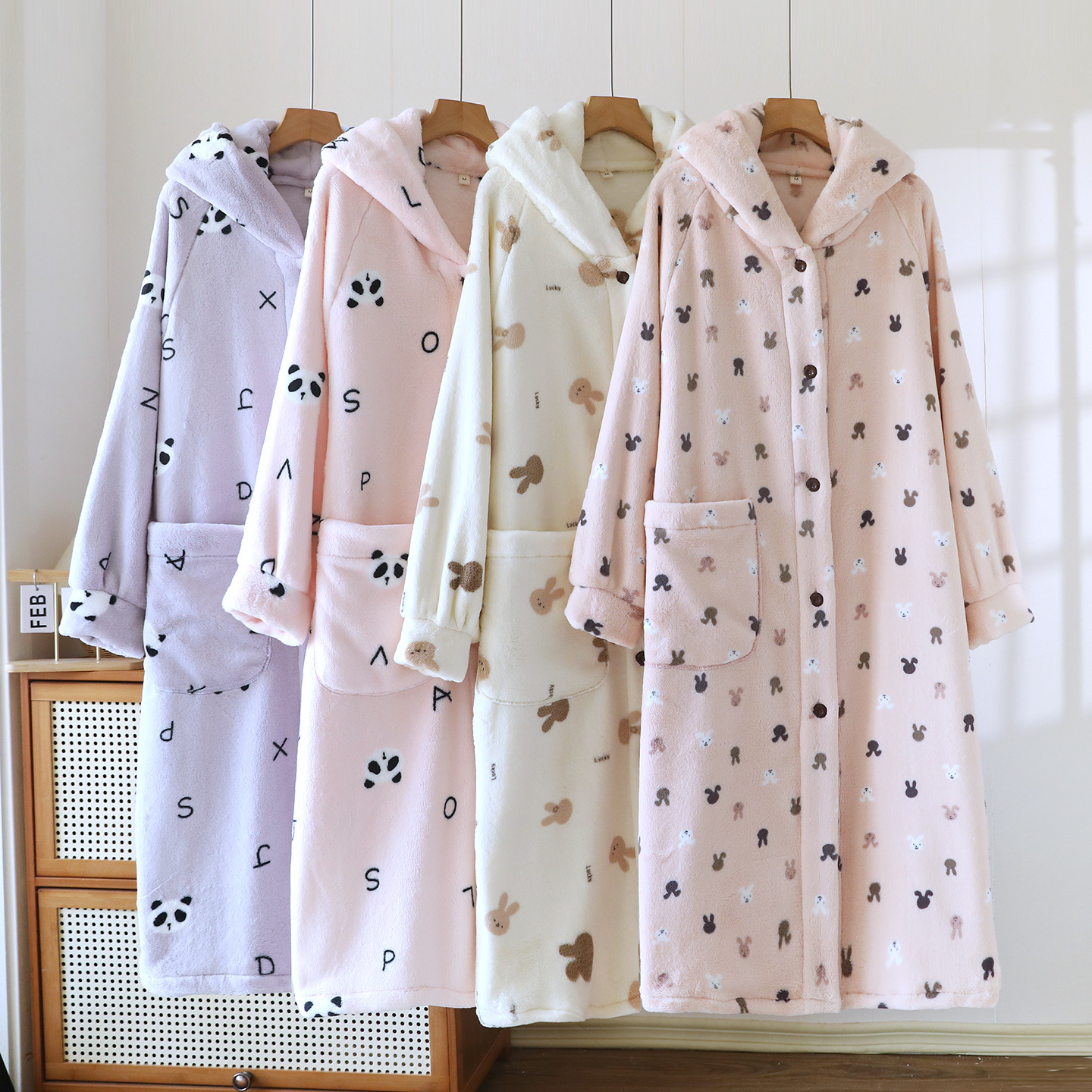 Thickened Jade Rabbit Flannel Women's Nightgown, Mid-length Hooded Nightdress, Warm Loose Bathrobe, Loungewear Pajamas