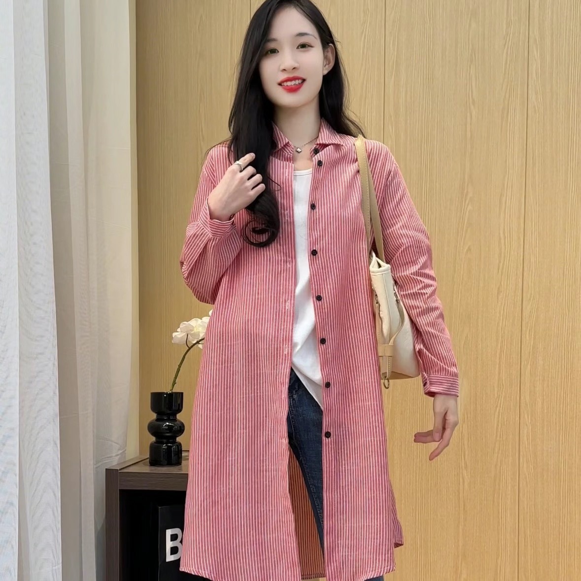 Cotton and linen 2025 autumn new French retro mid-length shirt Korean ins long sleeve spring and autumn striped blouse