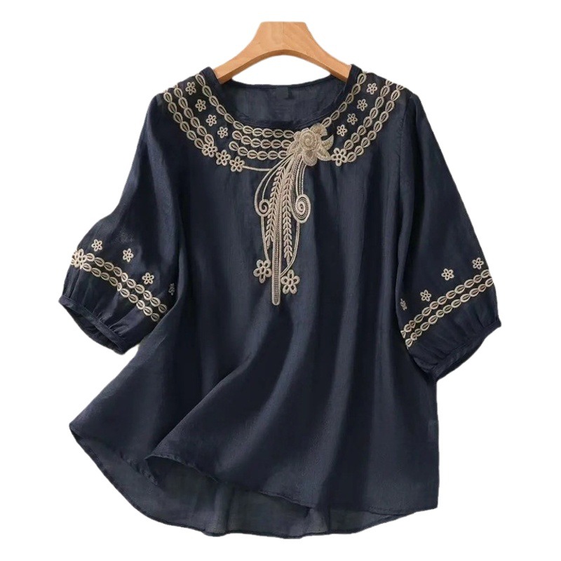 2024 Summer New Artistic Vintage Cotton and Linen Embroidered Half-sleeved Top Elegant Slimming Loose All-match Pullover Shirt