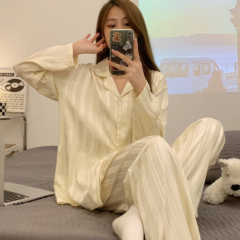 Pajamas Women's Spring and Autumn Ice Silk Long-sleeved Internet Popular Korean Style Home Clothes Summer Women's Vertical Stripe Outwear Suit