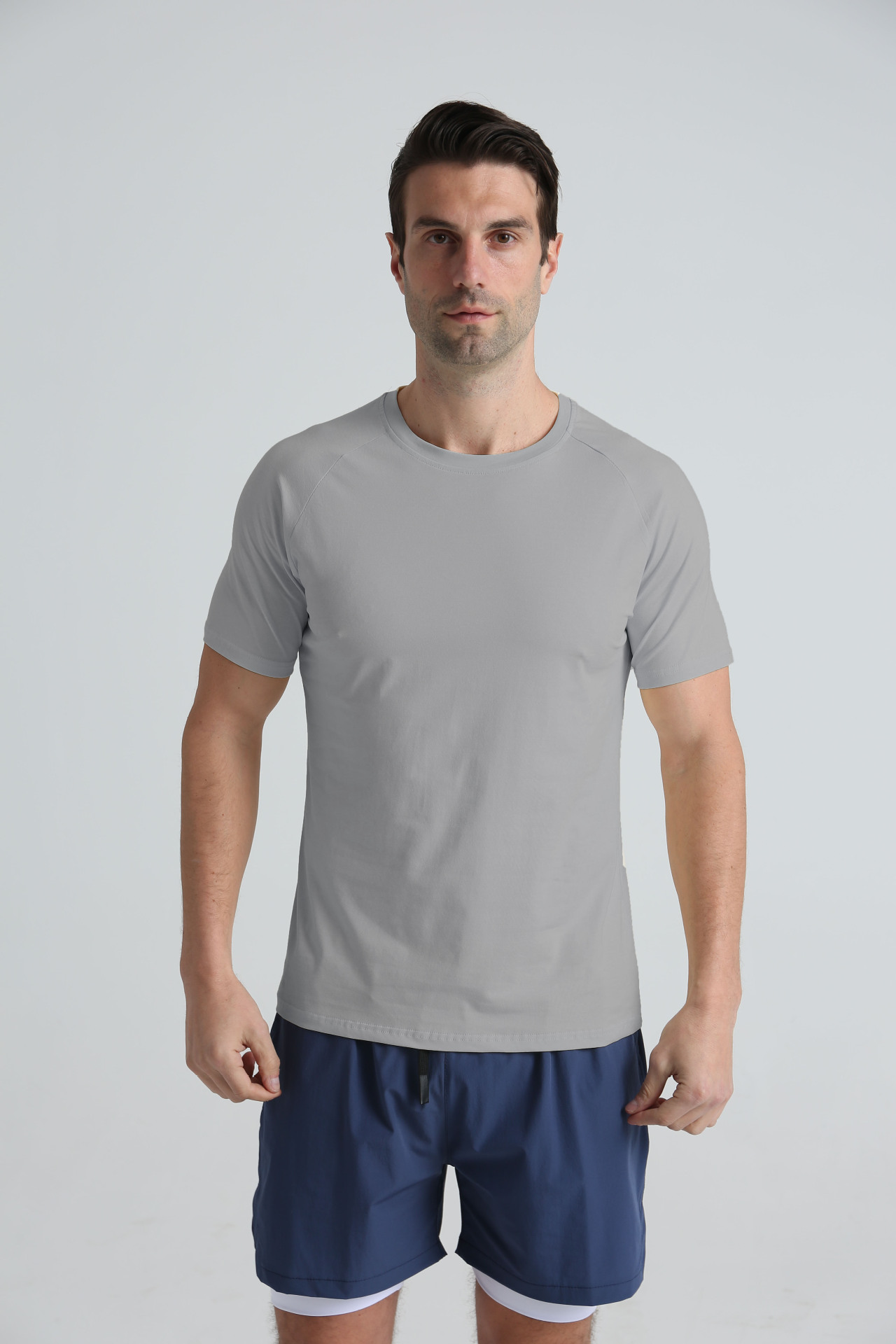 Picture of Summer European and American plus size sports fitness short sleeve men's cotton round neck solid color casual workout blank black T-shirt