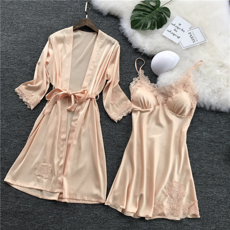 Spring and Summer New Sexy Sling Nightgown Nightgown Nightgown Set Wholesale Silk Home Clothes with Chest Pad Nightgown Women