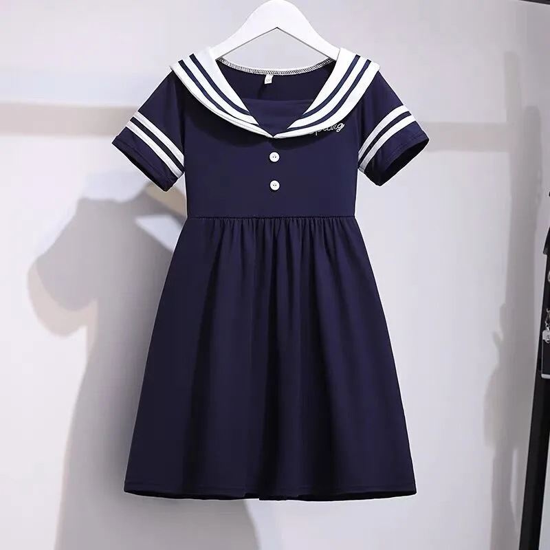 Girl's Dress Summer New Korean Style Fashionable Navy Collar Skirt Large Children's Dress Student Internet Celebrity Princess Dress