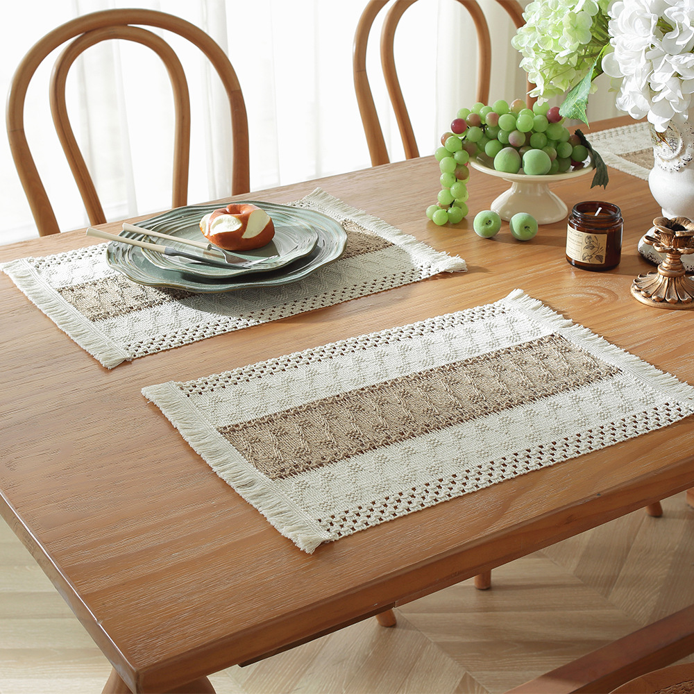 Picture of Amazon new cotton and hemp rope placemat holiday placemat woven color matching striped tassel bowl mat spot wholesale