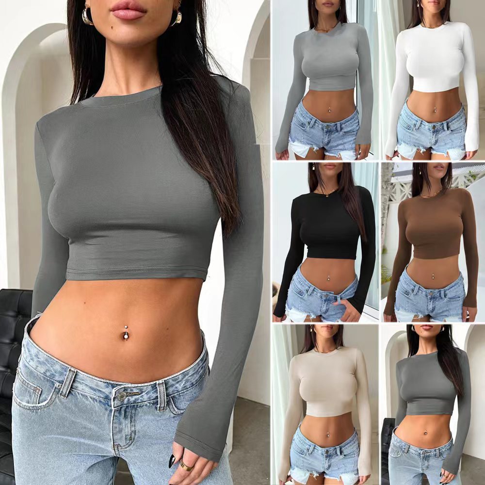 Amazon cross-border autumn and winter tight T-shirt European and American navel hot girl wear all-match outer wear ultra-short long sleeve bottoming shirt