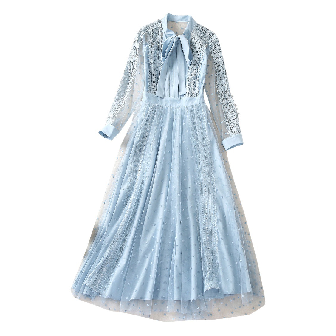 Princess Kate's Same Style 2025 Autum New Women's Flocked Yarn and Water-Soluble Lace Long Elegant Blue Dress