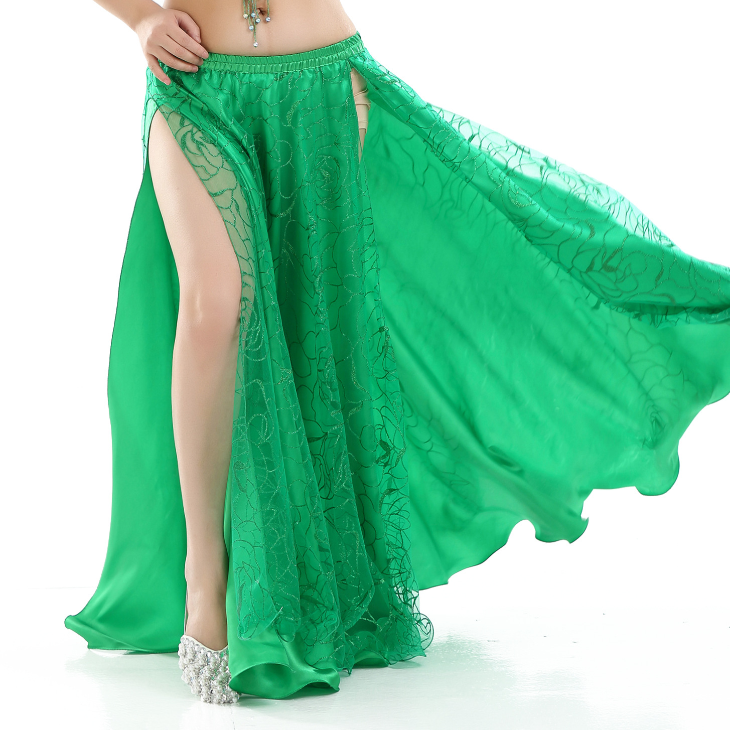 Picture of Hot Push Rose Skirt Belly Dance Performance Clothing Outer Mesh Design Double Slit Stunning Dance Clothing Source Factory