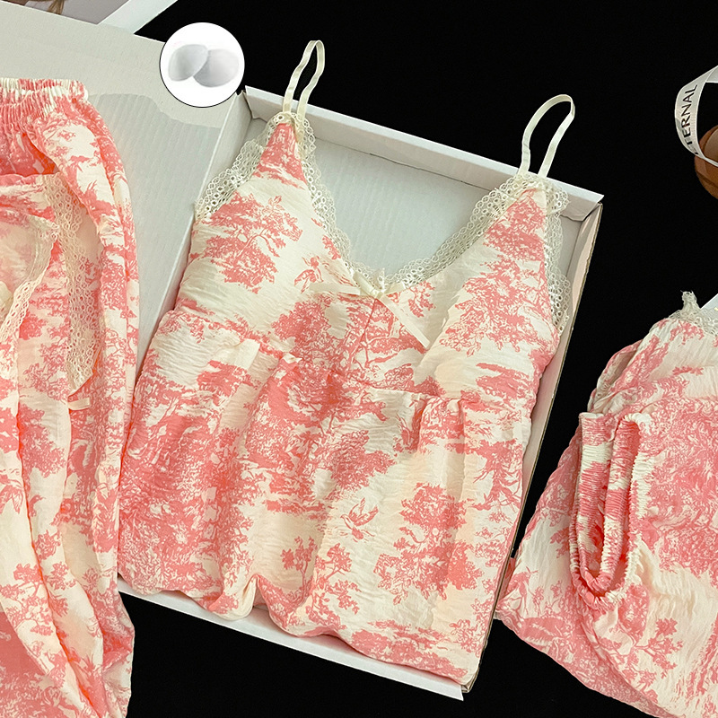 Foreign Trade Japan and South Korea Three-piece Pajamas Women's Summer Sling with Sweet Clouds Trousers suit Chest Pad Shorts New Home