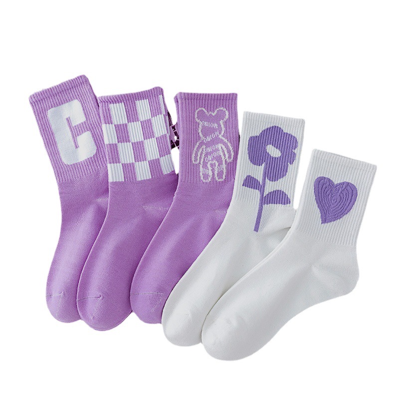 Purple foreign trade cotton socks wholesale trend cartoon student ins sports socks autumn and winter stockings white socks
