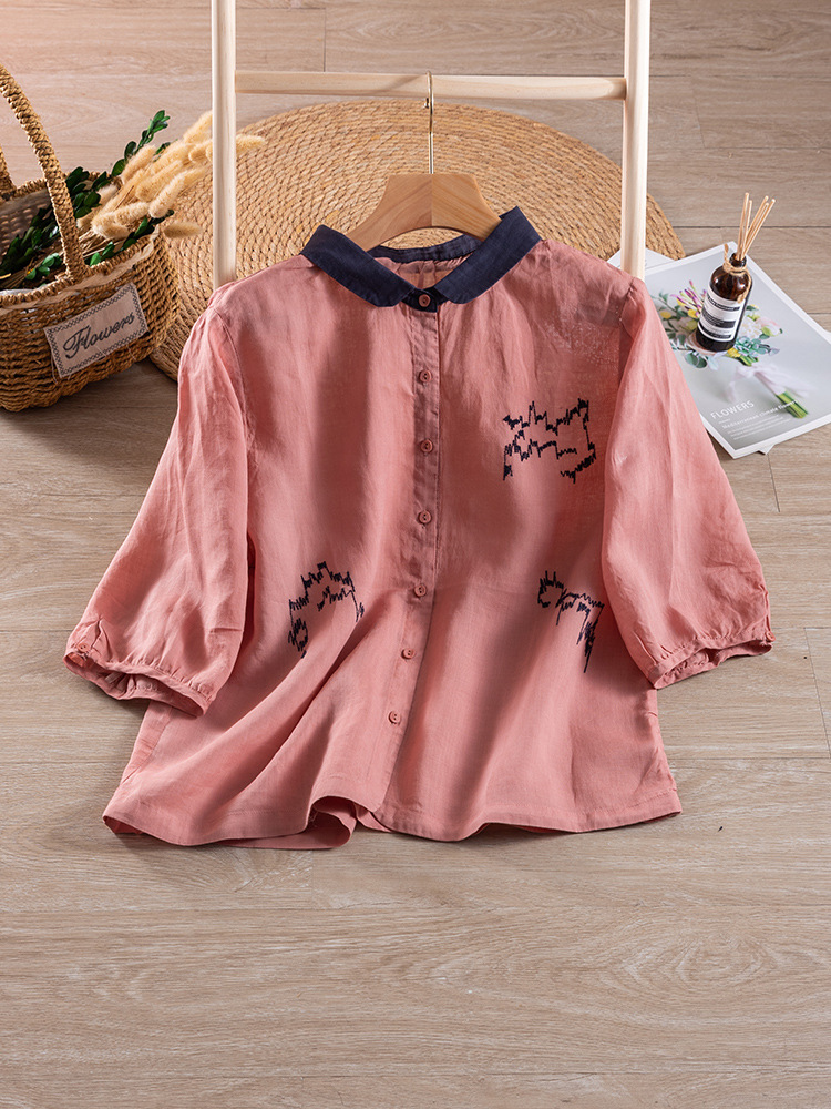 8037 artistic style contrast color Ramie shirt loose lapel slimming top spring new high-count linen women's shirt