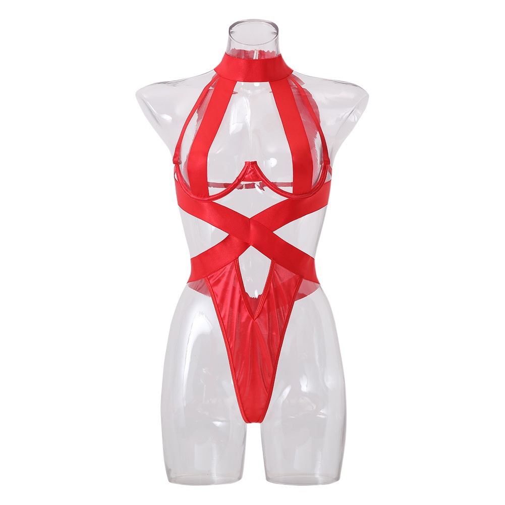 Cross-border supply of European and American foreign trade sexy underwear sexy women's patent leather hollow stitching conjoined underwear manufacturers in stock