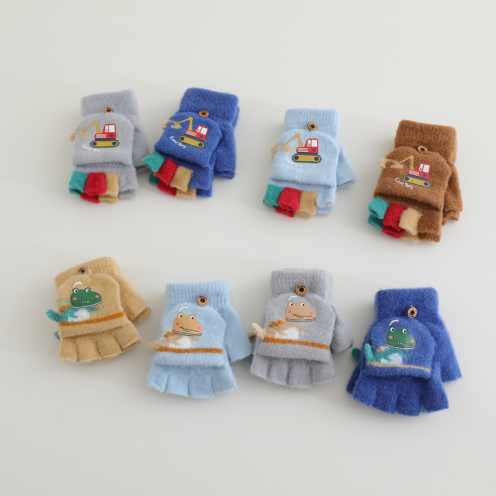 Children's Cute Cartoon Gloves Winter Warm Half Finger Gloves for Boys and Girls Baby Half Finger Flip Cover Student Writing