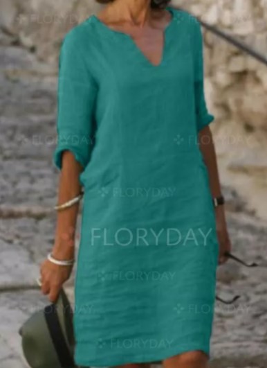 Picture of Amazon European and American autumn cotton and linen small V-neck stitching retro solid color 3/4 sleeve dress women's linen cotton fabric