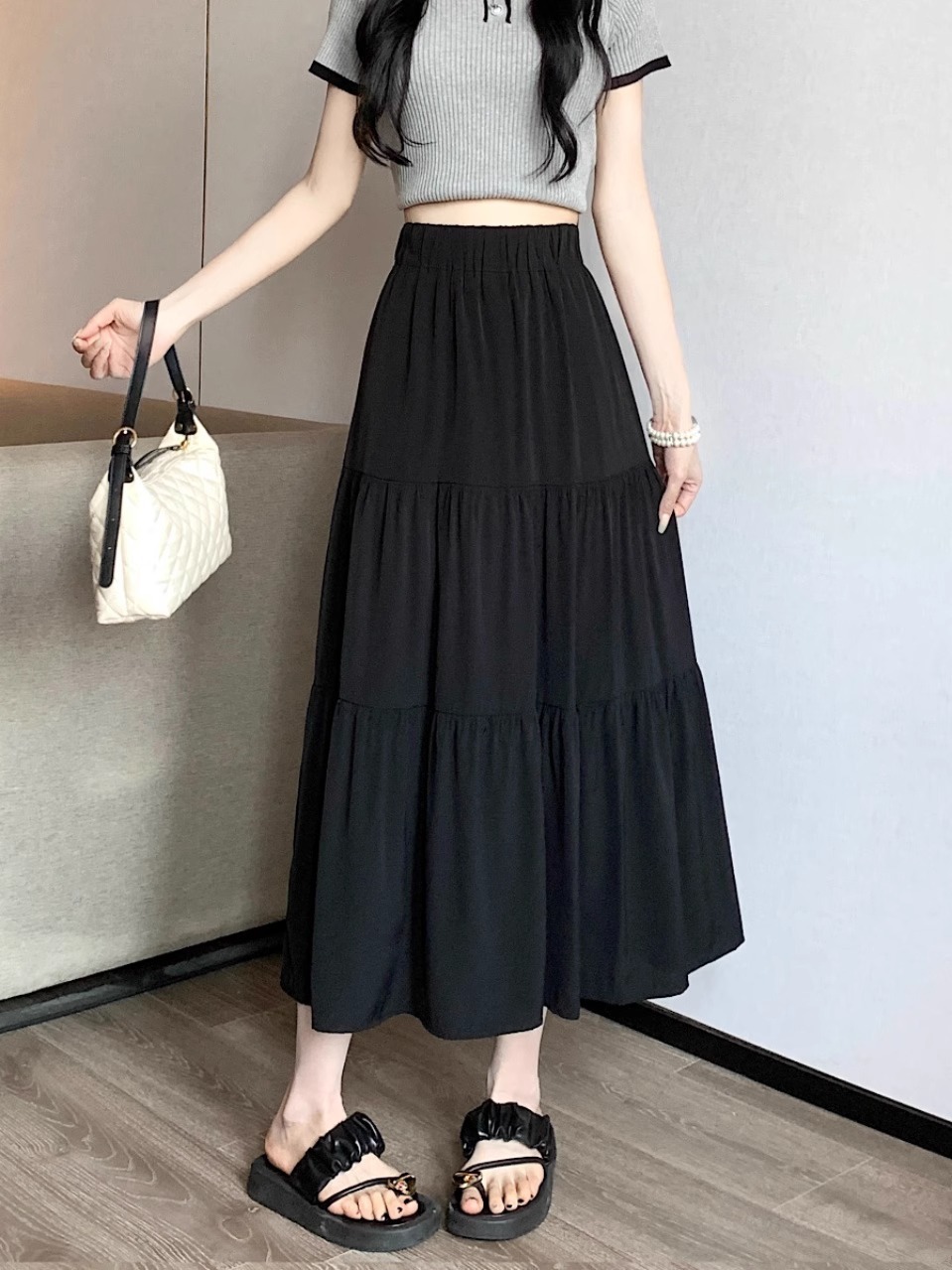 Black Umbrella Skirt Skirt Women's Spring 2024 New Draped Midi Skirt High Waist White A- line Skirt