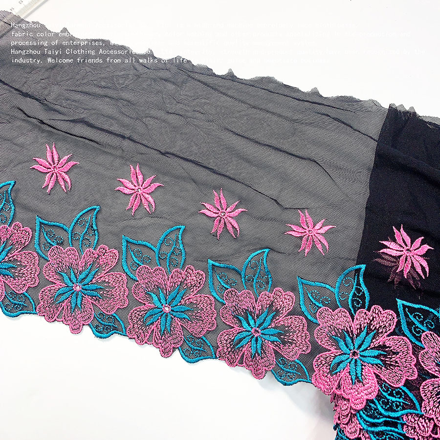 24cm Wide Black Mesh Rose Red Embroidered Lace Bedding Scarf Skirt Clothing Curtain Scarf Fabric Underwear Lace