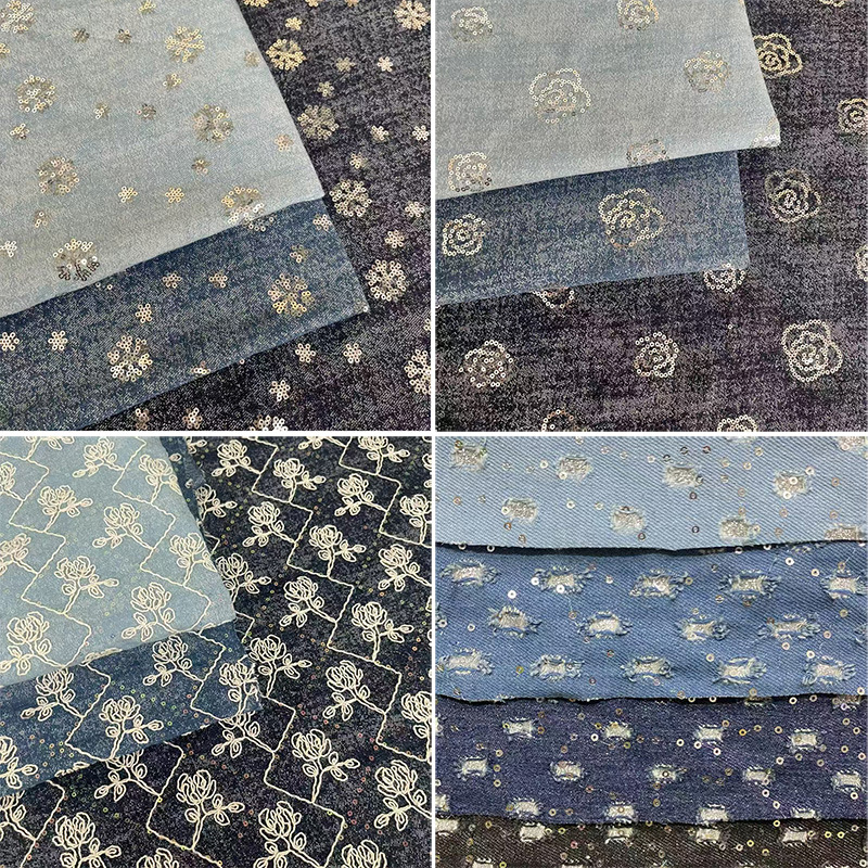 2025 new denim nail bead embroidery fabric cross-border exclusively for denim dresses, pants, jackets, jackets, fabrics
