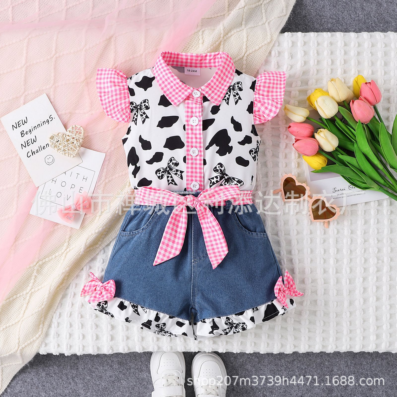 Foreign Trade Cross-border Summer Girls Baby Pink Plaid Printed Top Stitching Denim Shorts suit
