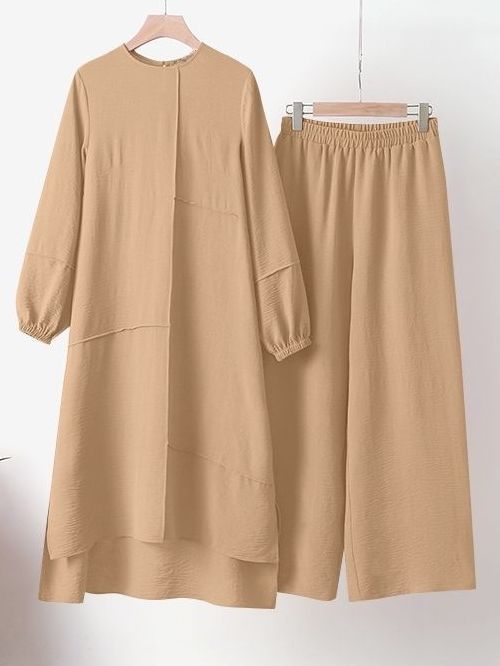 Picture of Muslim Women's Urban Sportswear Two-Piece Elegant Puff Sleeve Shirt Loose Fashionable Wide Leg Pants Suit