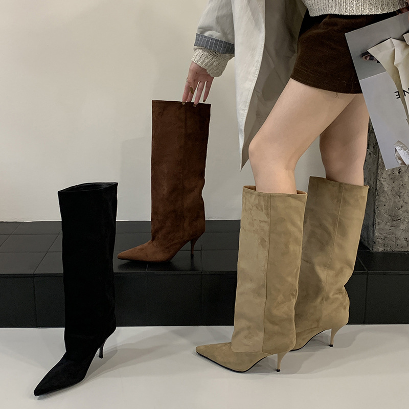 2025 Fall/Winter European and American style fashion pointed toe high boots with simple temperament solid color high heel sleeves no more than knee boots