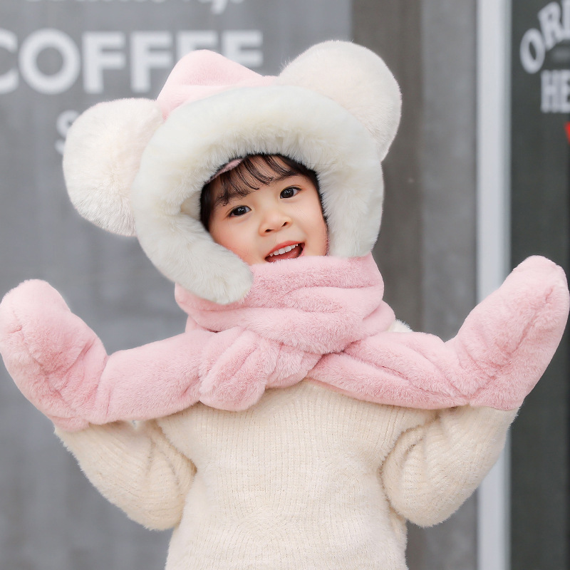 Picture of Children's hat winter boys and girls fleece-lined bear cute ear cap scarf gloves one-piece thick warm three-piece set