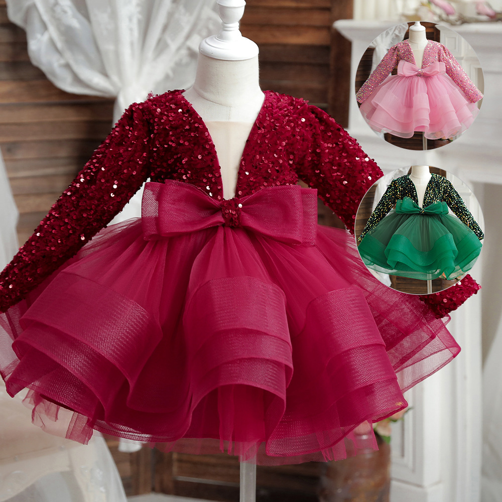 Children's Princess Dress Girls' High-end Dress Host Piano Dress Flower Children's Baby Sequin Mesh Tutu Dress