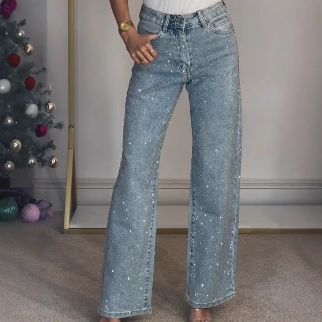 Foreign Trade European and American Amazon Women's Full Diamond Washed Jeans Women's High-End High-Waisted Straight Pants Sexy Pants