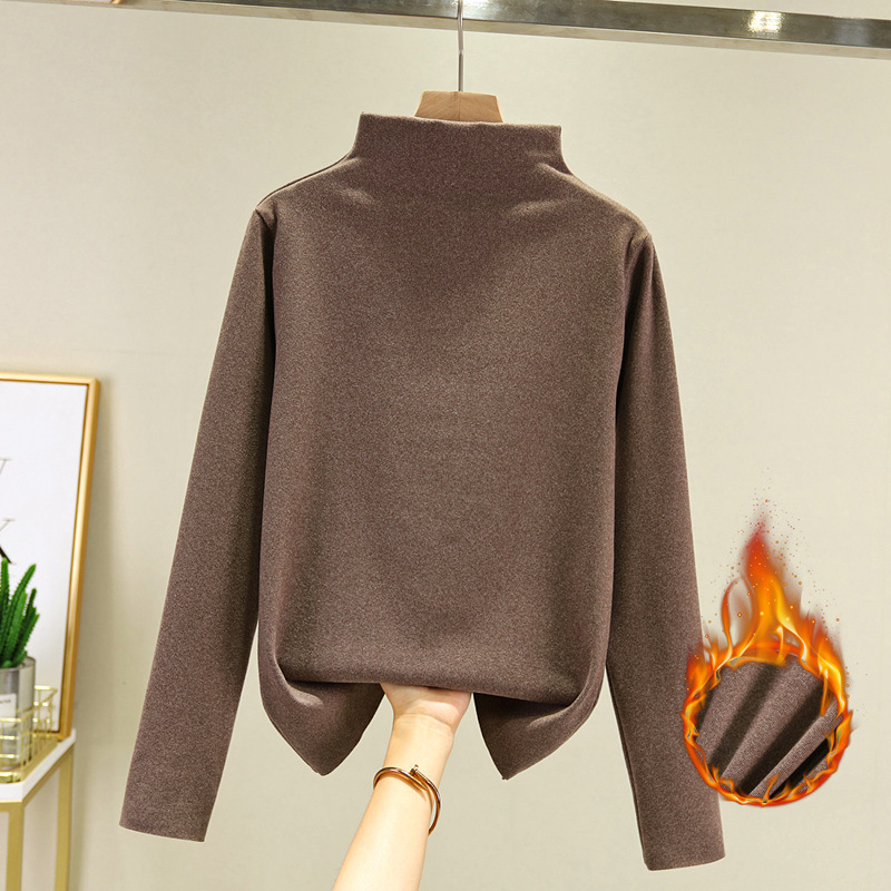 De velvet self-heating bottoming shirt women's autumn and winter plus size long-sleeved T-shirt half turtleneck inner wear fleece-lined thick warm top