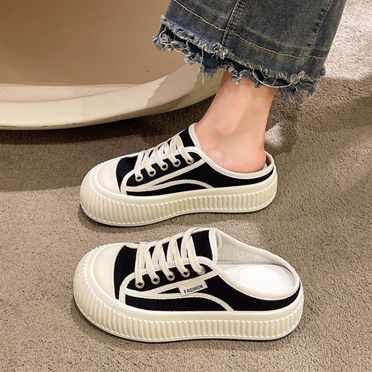 Internet Popular Sail Cloth Slippers Women's Summer Outfit 2024 Summer New Style Baotou Half-swell Thick Bottom Platform Casual Lazy Shoes