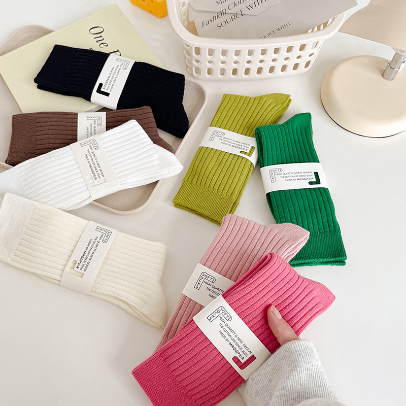 Socks Women's Mid-Socks Combed Cotton Autumn and Winter Dopamine Colored Stockings High Waist Stockings Ins Fashionable Stacked Stockings