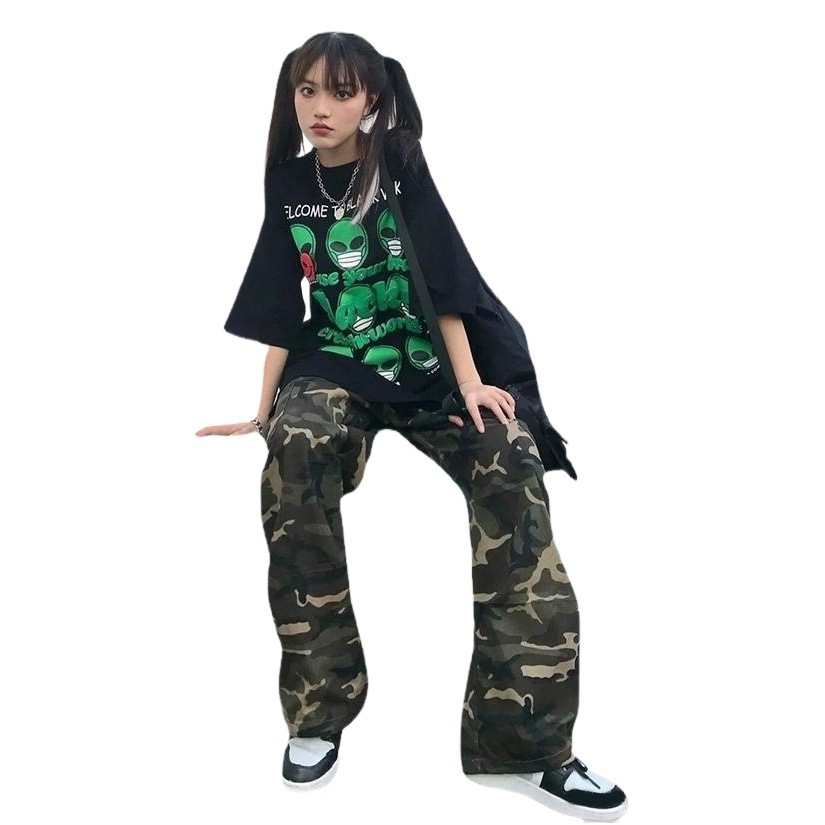 Retro Camouflage National Trend Cargo Pants for Women 2023 Autum Thin Ins Trendy American High Street Hiphop Straight Leg Pants
