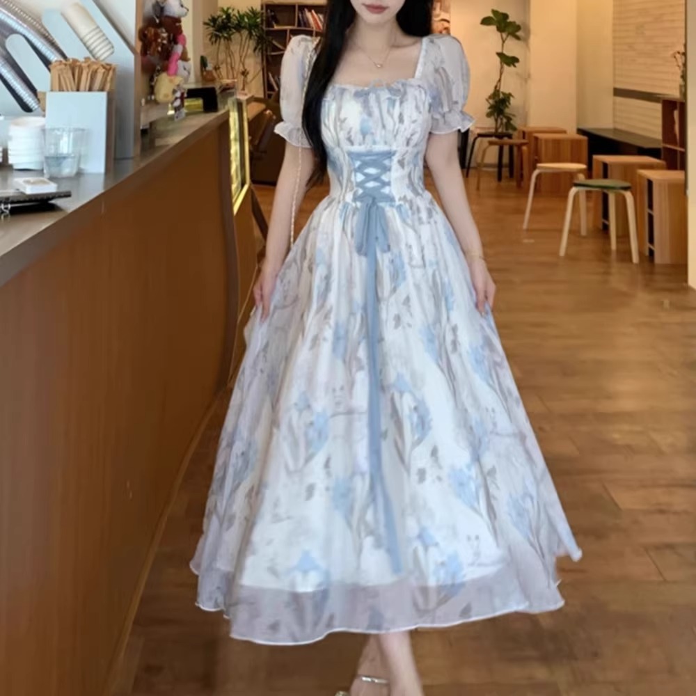 2025 New Tea Break French Waist Dress Women's Summer Hepburn Style Korean Style Slim Lace Long Dress