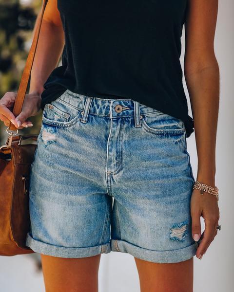 Picture of 2025 Summer Ebay Amazon Wish Street Curled Ripped Straight Pants Women's Denim Shorts Export Trendy Brand