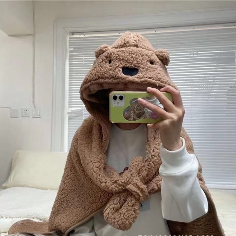 Picture of Ins Cartoon Bear Shawl Cape Winter Out Warm Thickened Cloak Student Office Lunch Break Blanket Women