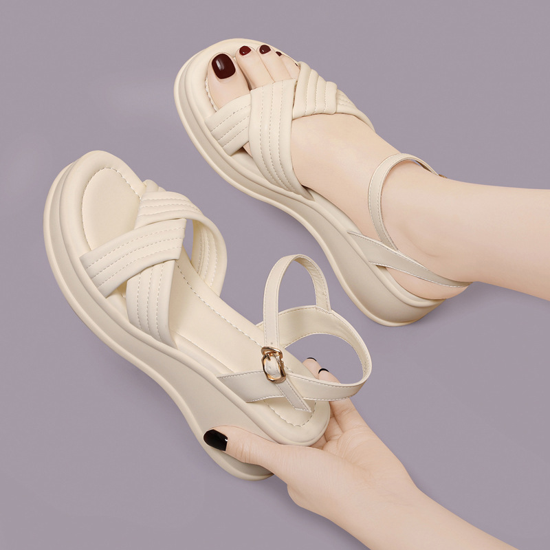 Women's 2024 New Thick Mid-heel All-match Fashionable Soft-soled Lightweight Summer Roman Wedge Sandals with Strap