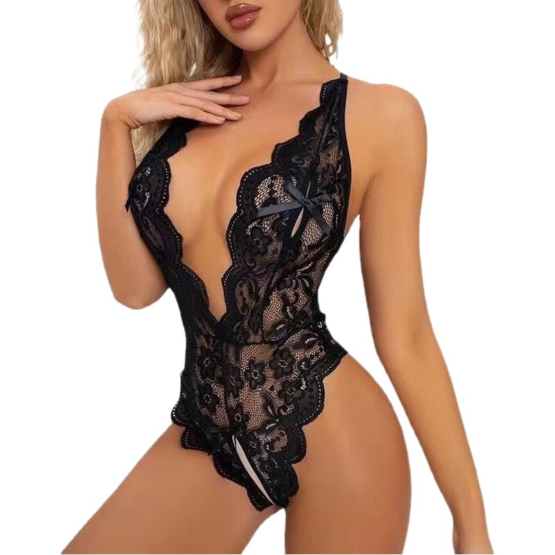 European and American Sexy Underwear No Take-off Tease Open Crotch Slight Fat Passion Lace Large Size Perspective Sexy Pajamas