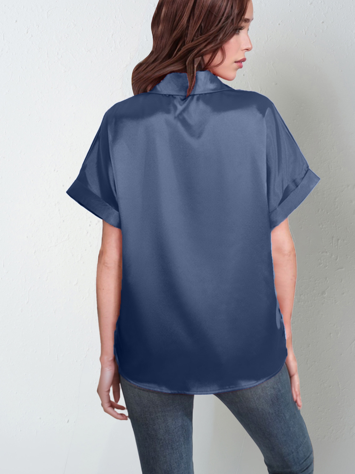 Picture of 2025 European and American Amazon Cross-Border Satin Shirt Short-Sleeved Satin Button Shirt Casual Loose Top for Women in Stock