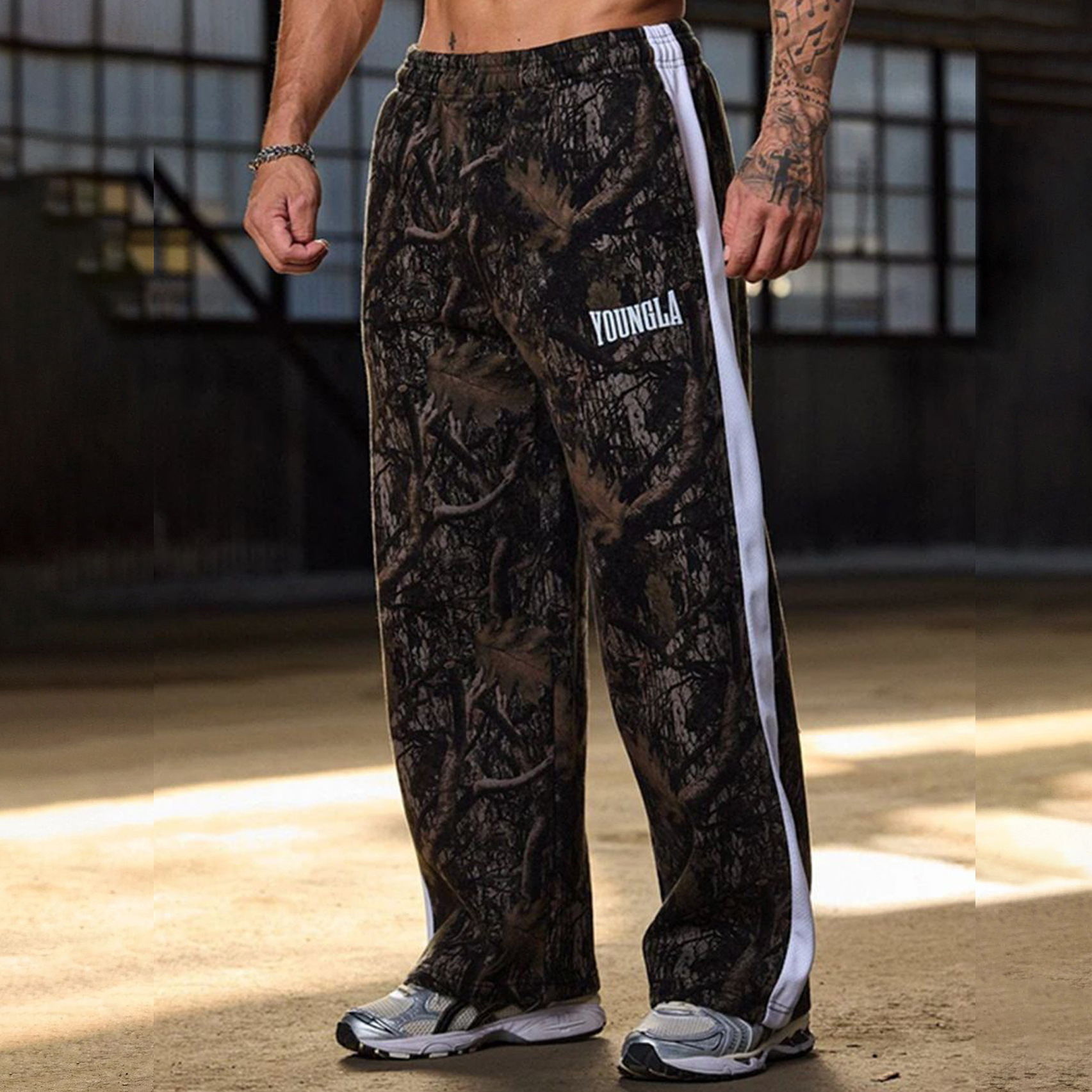 Cross-border American trendy sports pants, wide-leg straight simple casual pants, fitness loose print camouflage running pants for men