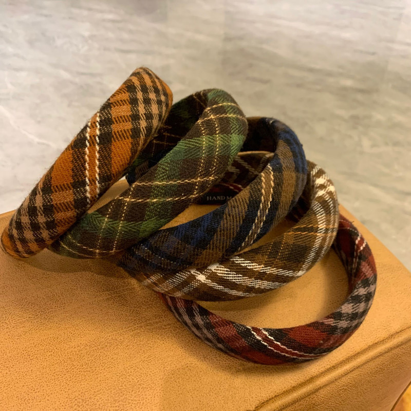 Japanese and Korean High-end Retro Plaid High Cranial Top Sponge Hair Band Temperament All-match Internet Celebrity Hair Band Wash Face and Pressure Hair
