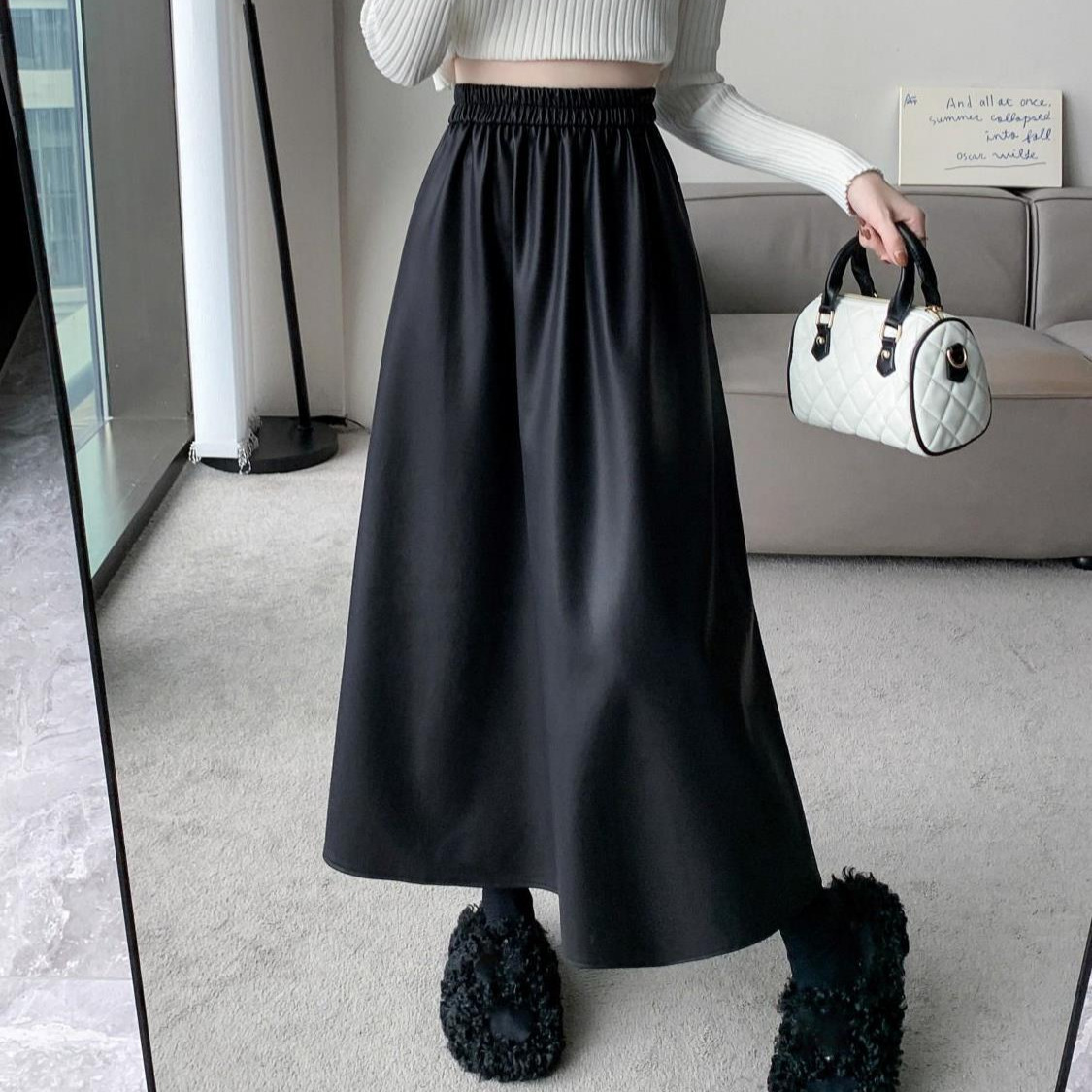 Autumn and Winter plus size Retro Leather Skirt Women's chubby girl 1.00 kg-150.00 kg Loose Flesh-Covering Slimming High Waist A- Line Long Skirt